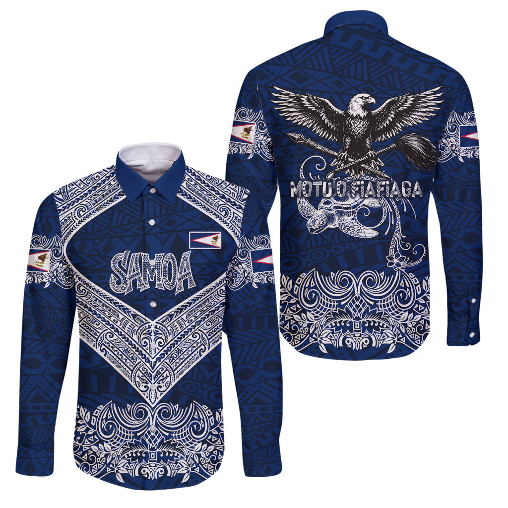 American Samoa Eagle Family Matching Short Sleeve Bodycon Dress and Hawaiian Shirt Sea Turtle Traditional Polynesian Tribal Tattoo TS04 Dad's Shirt - Long Sleeve Blue White - Polynesian Pride
