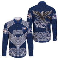 American Samoa Eagle Family Matching Summer Maxi Dress and Hawaiian Shirt Sea Turtle Traditional Polynesian Tribal Tattoo TS04 Dad's Shirt - Long Sleeve Blue White - Polynesian Pride