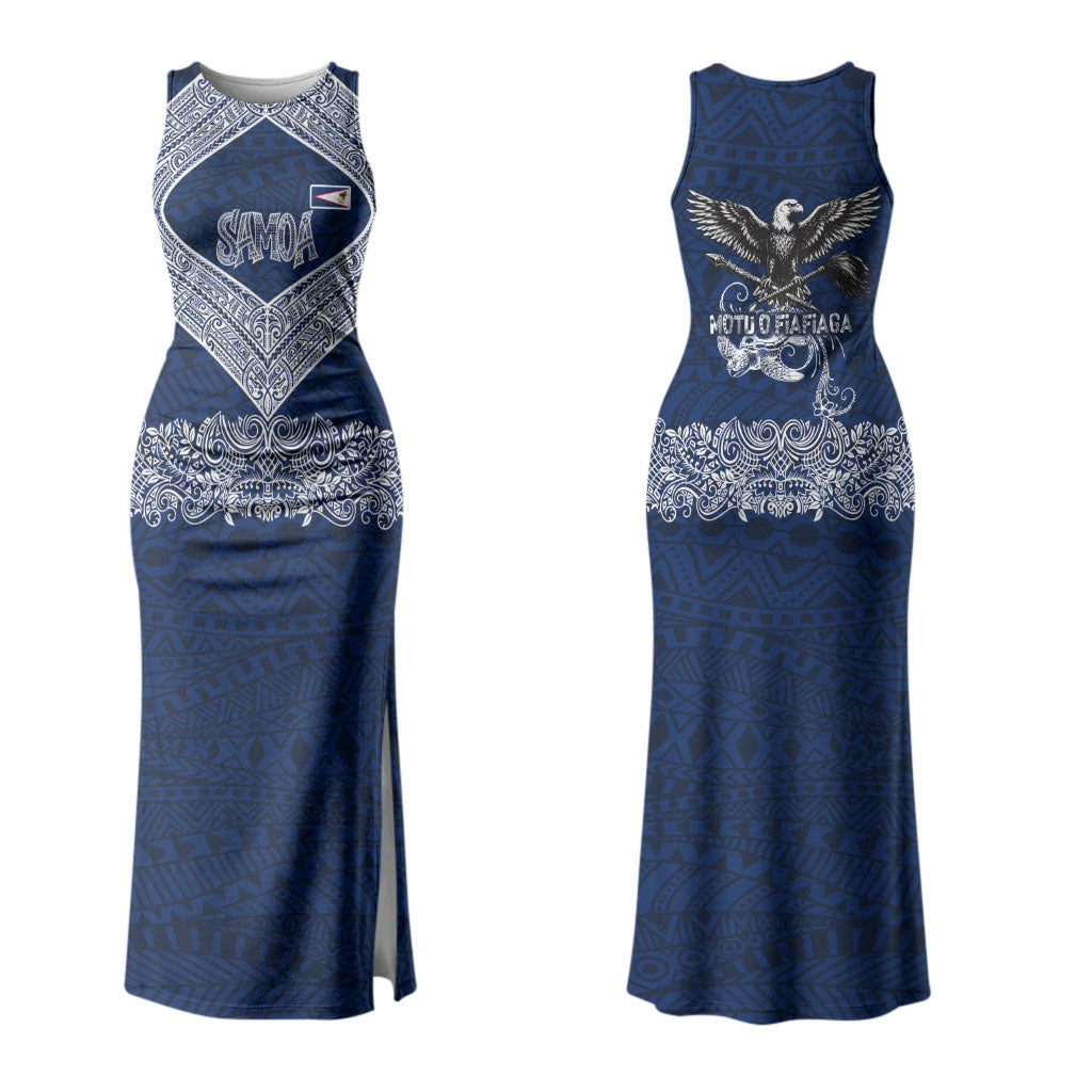 American Samoa Eagle Family Matching Tank Maxi Dress and Hawaiian Shirt Sea Turtle Traditional Polynesian Tribal Tattoo TS04 Mom's Dress Blue White - Polynesian Pride