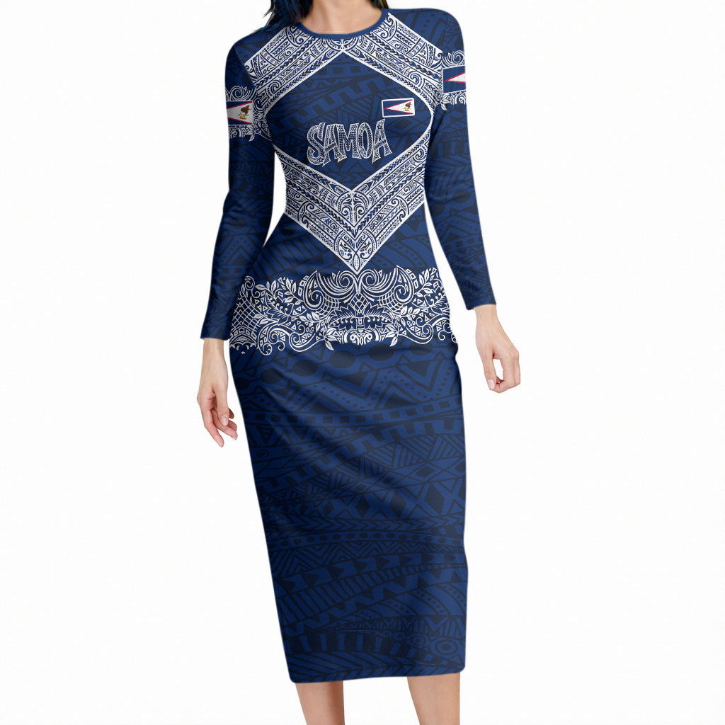 American Samoa Eagle Long Sleeve Bodycon Dress Sea Turtle Traditional Polynesian Tribal Tattoo TS04 Long Dress Blue White - Polynesian Pride