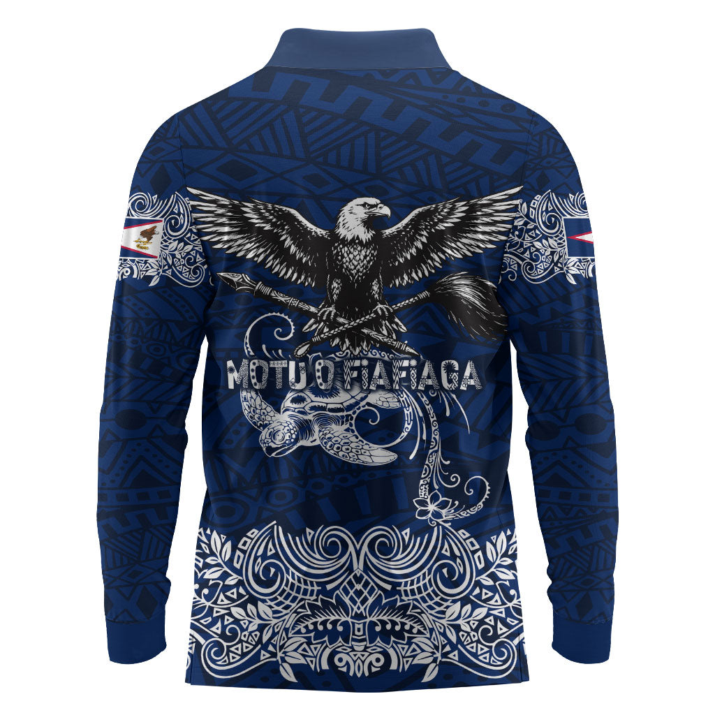 American Samoa Eagle Long Sleeve Polo Shirt Sea Turtle Traditional Polynesian Tribal Tattoo