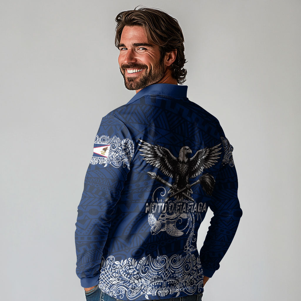 American Samoa Eagle Long Sleeve Polo Shirt Sea Turtle Traditional Polynesian Tribal Tattoo