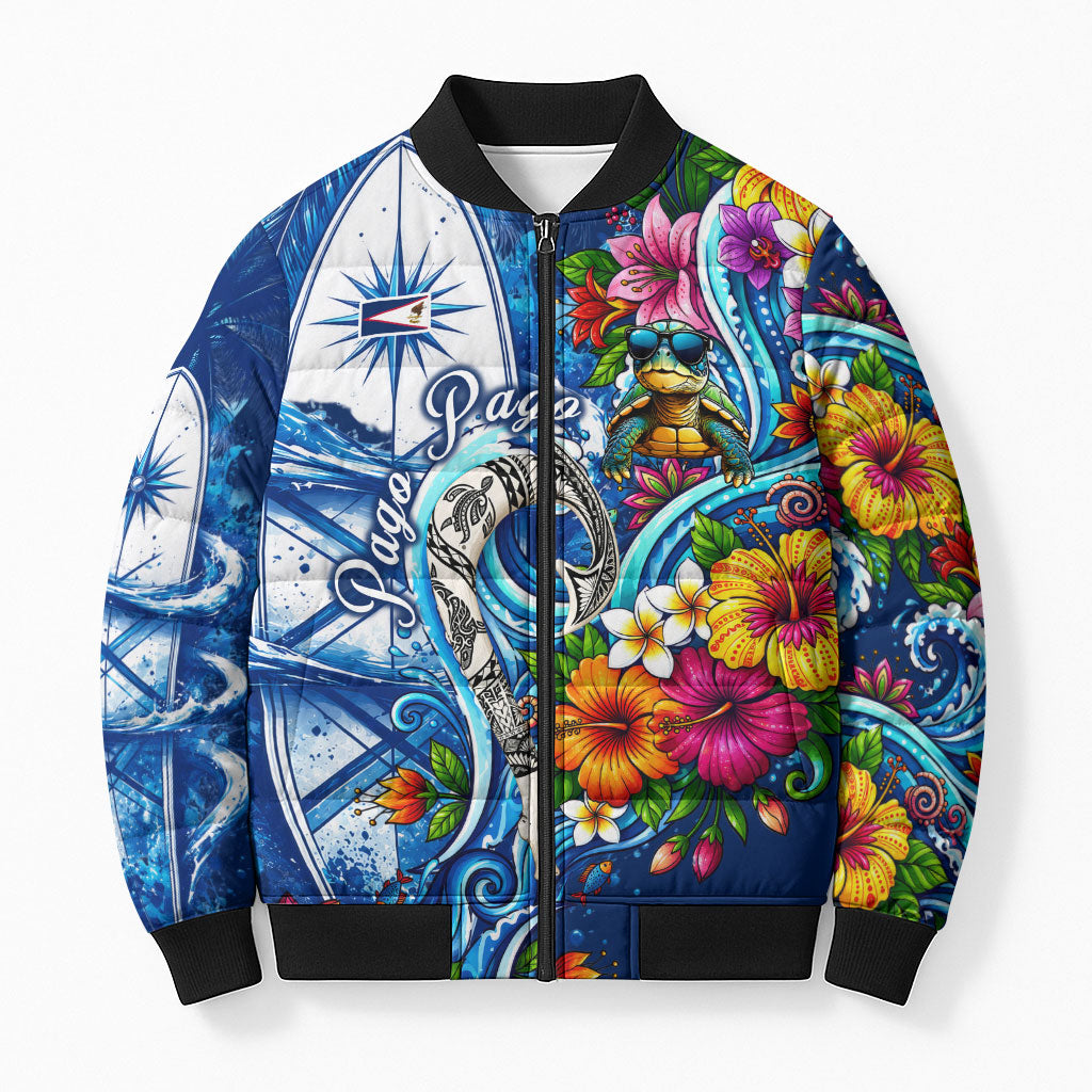 American Samoa Pago Pago Bomber Puffer Jacket Sea Turtle And Fruit Bat - Tropical Hibiscus Flowers Polynesian TS04 Unisex Blue White - Polynesian Pride