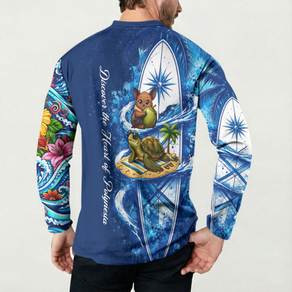 American Samoa Pago Pago Button Sweatshirt Sea Turtle And Fruit Bat - Tropical Hibiscus Flowers Polynesian