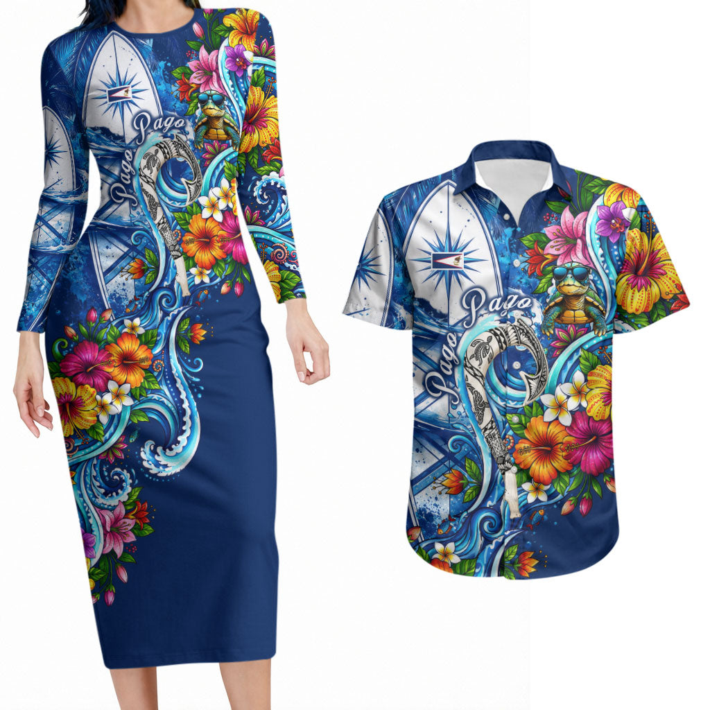 American Samoa Pago Pago Couples Matching Long Sleeve Bodycon Dress and Hawaiian Shirt Sea Turtle And Fruit Bat - Tropical Hibiscus Flowers Polynesian TS04 Blue White - Polynesian Pride