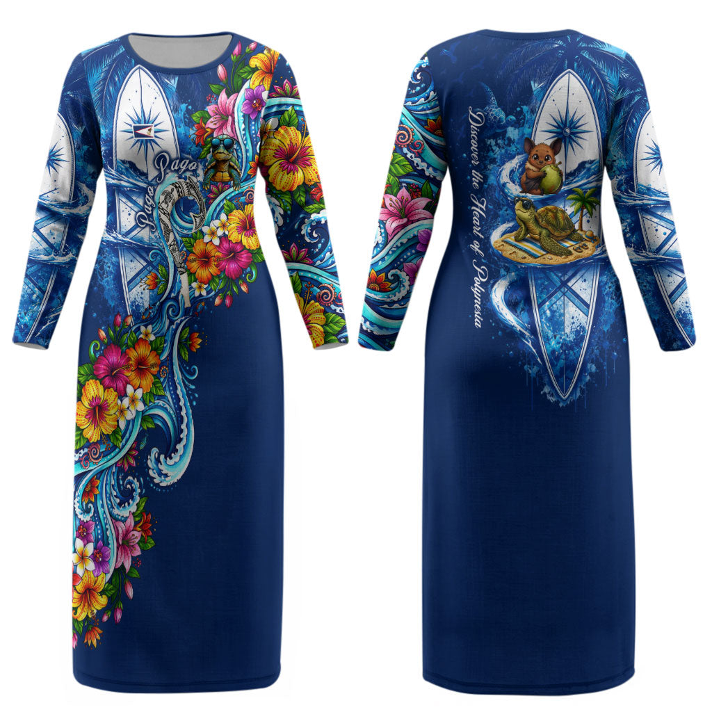 American Samoa Pago Pago Couples Matching Long Sleeve Bodycon Dress and Hawaiian Shirt Sea Turtle And Fruit Bat - Tropical Hibiscus Flowers Polynesian TS04 - Polynesian Pride