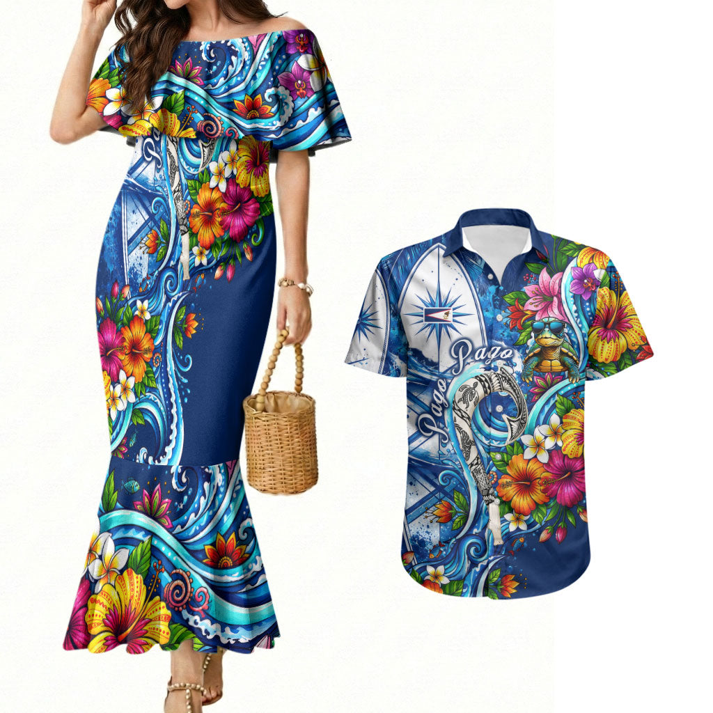 American Samoa Pago Pago Couples Matching Mermaid Dress and Hawaiian Shirt Sea Turtle And Fruit Bat - Tropical Hibiscus Flowers Polynesian TS04 Blue White - Polynesian Pride