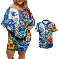American Samoa Pago Pago Couples Matching Off Shoulder Short Dress and Hawaiian Shirt Sea Turtle And Fruit Bat - Tropical Hibiscus Flowers Polynesian TS04 Blue White - Polynesian Pride