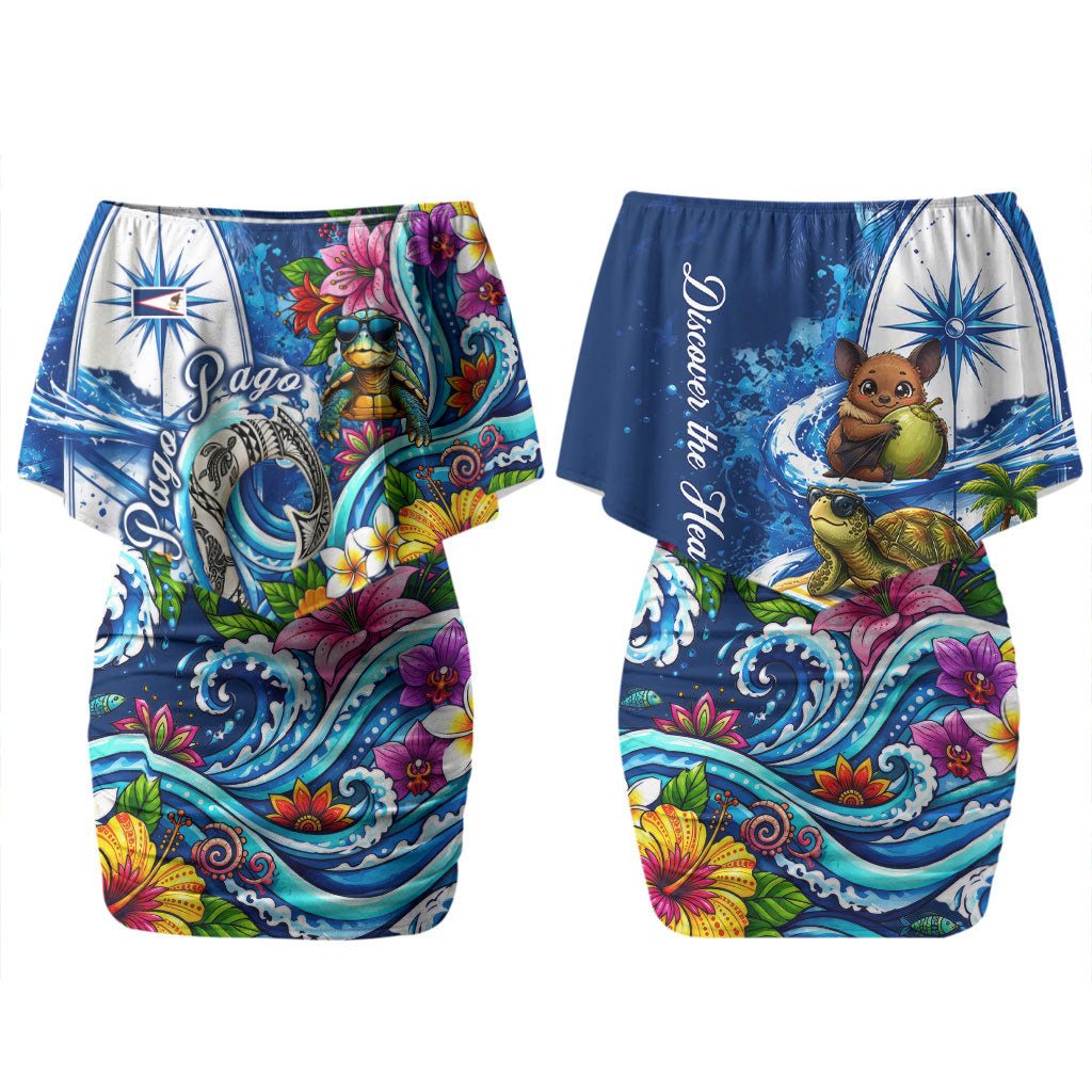 American Samoa Pago Pago Couples Matching Off Shoulder Short Dress and Long Sleeve Button Shirt Sea Turtle And Fruit Bat - Tropical Hibiscus Flowers Polynesian TS04 - Polynesian Pride