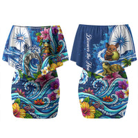 American Samoa Pago Pago Couples Matching Off Shoulder Short Dress and Long Sleeve Button Shirt Sea Turtle And Fruit Bat - Tropical Hibiscus Flowers Polynesian TS04 - Polynesian Pride