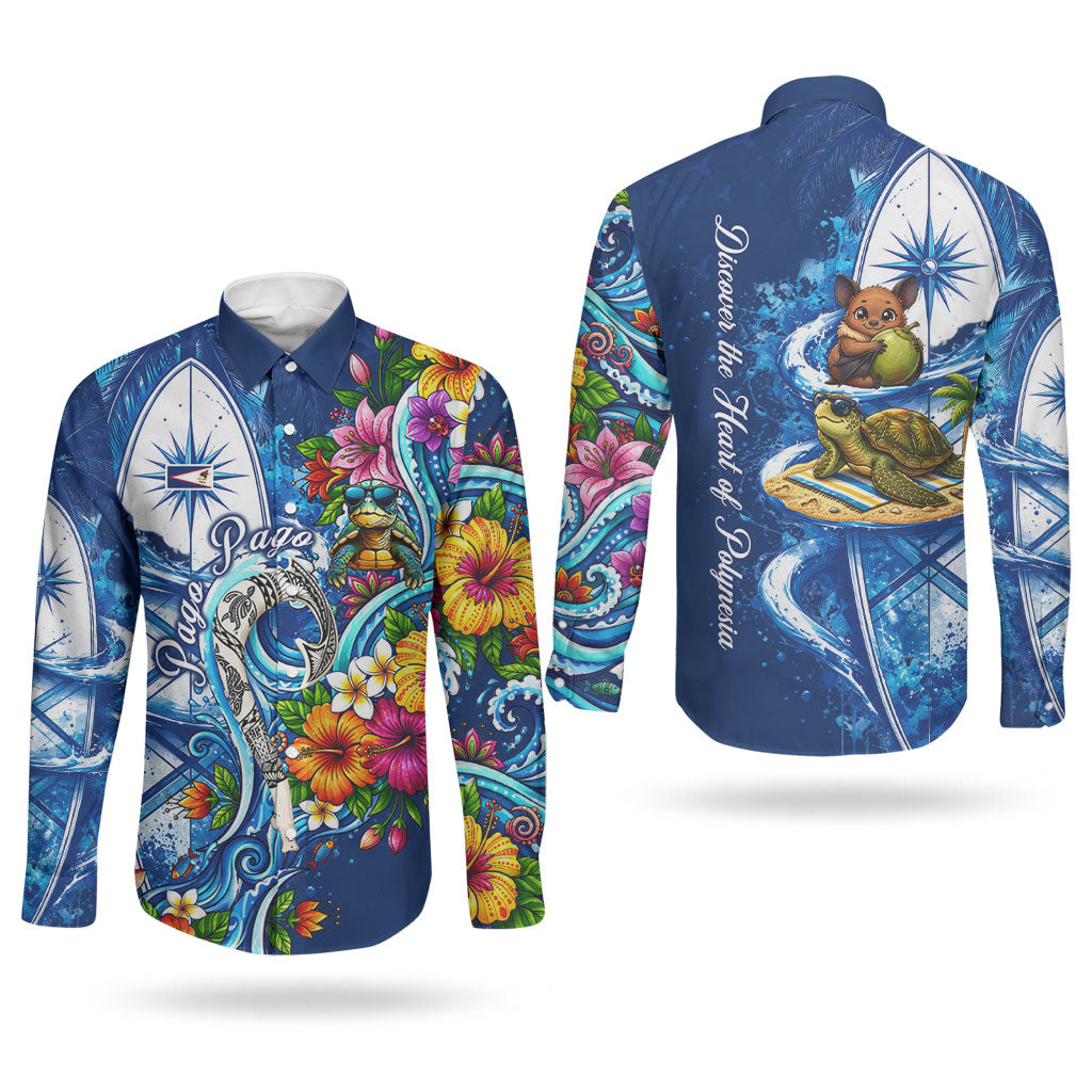 American Samoa Pago Pago Couples Matching Off The Shoulder Long Sleeve Dress and Long Sleeve Button Shirt Sea Turtle And Fruit Bat - Tropical Hibiscus Flowers Polynesian TS04 - Polynesian Pride