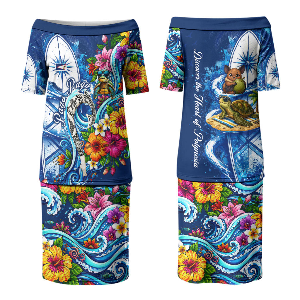 American Samoa Pago Pago Couples Matching Puletasi and Hawaiian Shirt Sea Turtle And Fruit Bat - Tropical Hibiscus Flowers Polynesian TS04 - Polynesian Pride