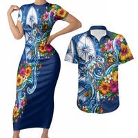 American Samoa Pago Pago Couples Matching Short Sleeve Bodycon Dress and Hawaiian Shirt Sea Turtle And Fruit Bat - Tropical Hibiscus Flowers Polynesian TS04 Blue White - Polynesian Pride