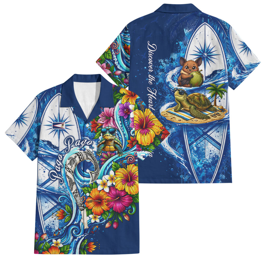 American Samoa Pago Pago Family Matching Mermaid Dress and Hawaiian Shirt Sea Turtle And Fruit Bat - Tropical Hibiscus Flowers Polynesian TS04 Dad's Shirt - Short Sleeve Blue White - Polynesian Pride