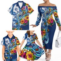 American Samoa Pago Pago Family Matching Off The Shoulder Long Sleeve Dress and Hawaiian Shirt Sea Turtle And Fruit Bat - Tropical Hibiscus Flowers Polynesian TS04 - Polynesian Pride