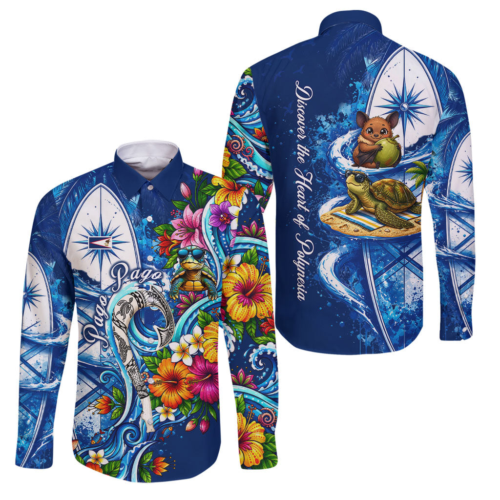 American Samoa Pago Pago Family Matching Off The Shoulder Long Sleeve Dress and Hawaiian Shirt Sea Turtle And Fruit Bat - Tropical Hibiscus Flowers Polynesian TS04 Dad's Shirt - Long Sleeve Blue White - Polynesian Pride