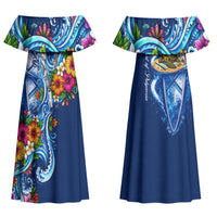 American Samoa Pago Pago Family Matching Off Shoulder Maxi Dress and Hawaiian Shirt Sea Turtle And Fruit Bat - Tropical Hibiscus Flowers Polynesian TS04 Mom's Dress Blue White - Polynesian Pride