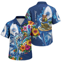 American Samoa Pago Pago Family Matching Off Shoulder Short Dress and Hawaiian Shirt Sea Turtle And Fruit Bat - Tropical Hibiscus Flowers Polynesian TS04 Son's Shirt Blue White - Polynesian Pride
