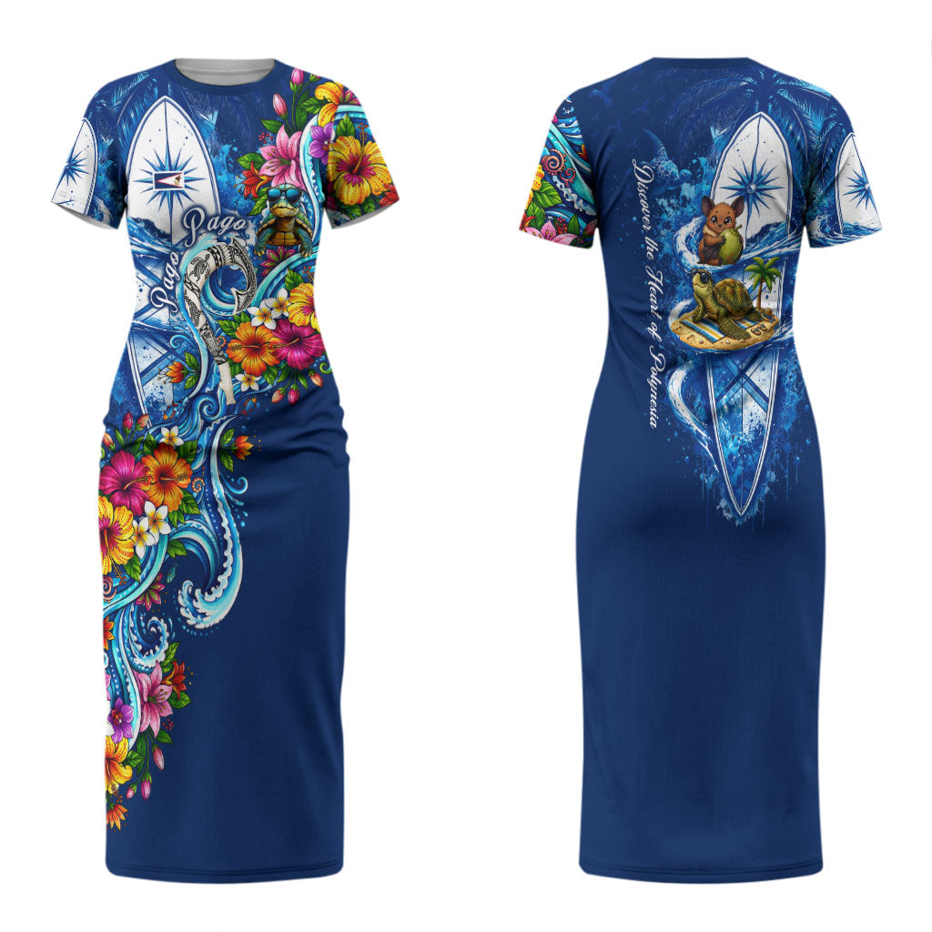 American Samoa Pago Pago Family Matching Short Sleeve Bodycon Dress and Hawaiian Shirt Sea Turtle And Fruit Bat - Tropical Hibiscus Flowers Polynesian TS04 Mom's Dress Blue White - Polynesian Pride