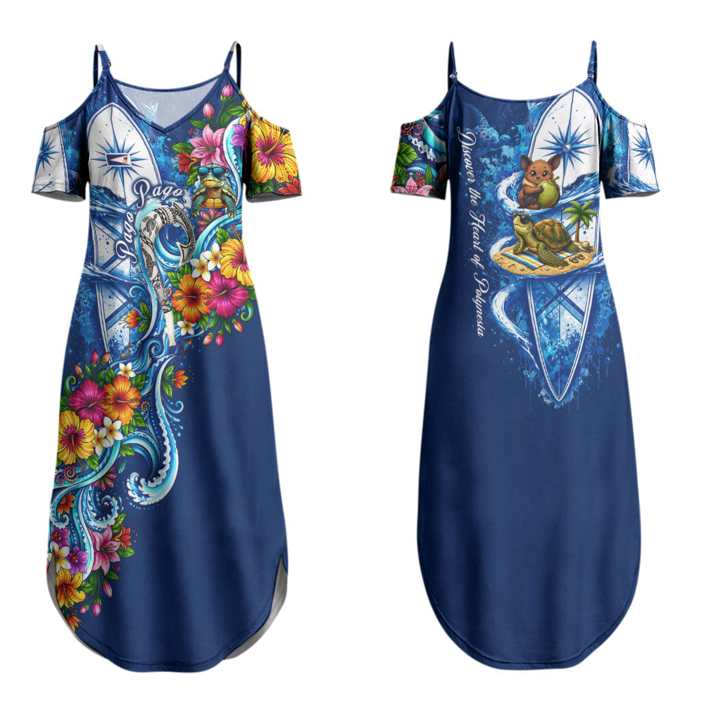 American Samoa Pago Pago Family Matching Summer Maxi Dress and Hawaiian Shirt Sea Turtle And Fruit Bat - Tropical Hibiscus Flowers Polynesian TS04 Mom's Dress Blue White - Polynesian Pride