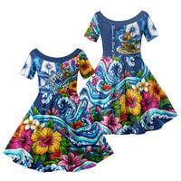 American Samoa Pago Pago Family Matching Summer Maxi Dress and Hawaiian Shirt Sea Turtle And Fruit Bat - Tropical Hibiscus Flowers Polynesian TS04 Daughter's Dress Blue White - Polynesian Pride