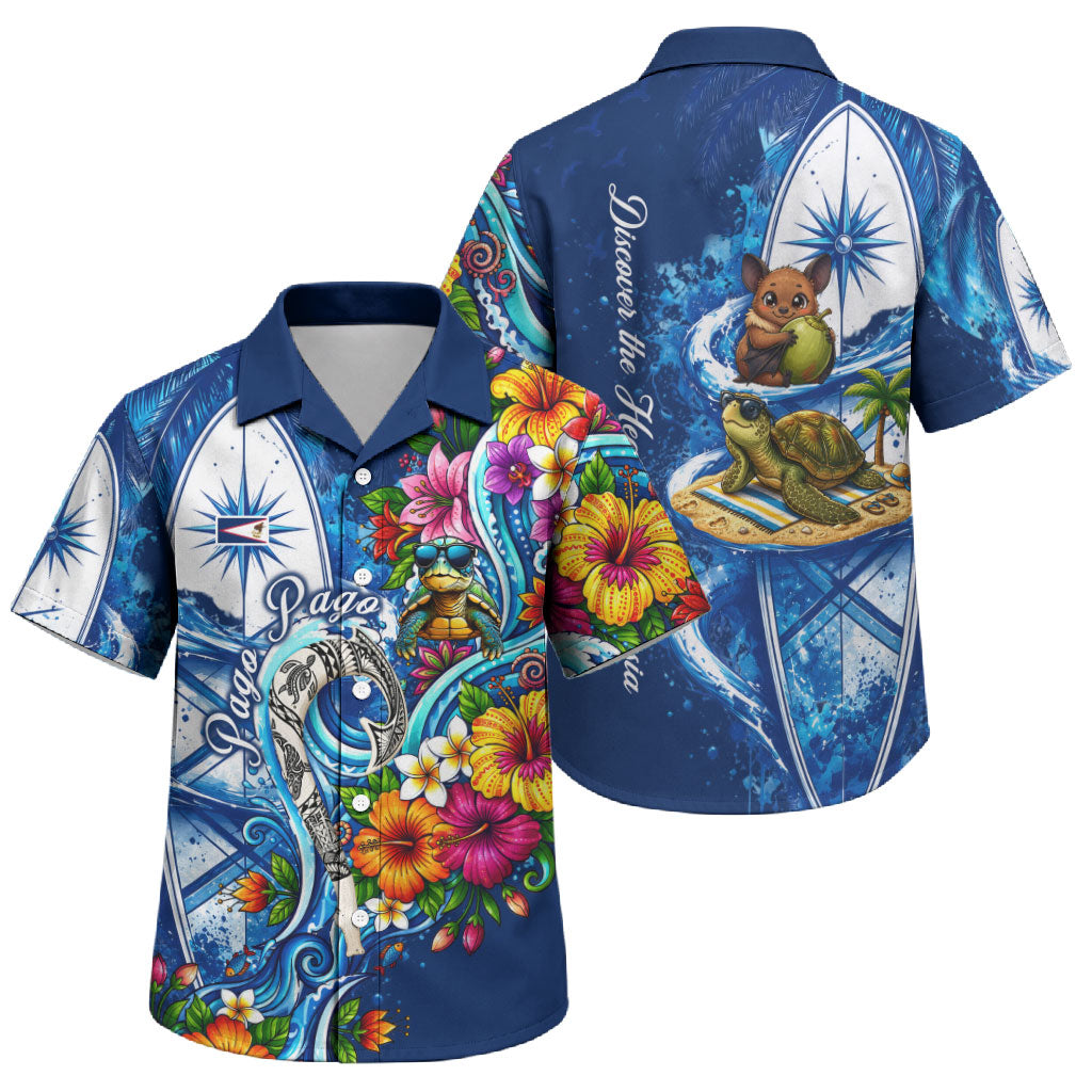American Samoa Pago Pago Family Matching Summer Maxi Dress and Hawaiian Shirt Sea Turtle And Fruit Bat - Tropical Hibiscus Flowers Polynesian TS04 Son's Shirt Blue White - Polynesian Pride