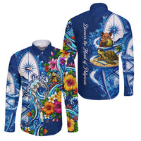 American Samoa Pago Pago Family Matching Tank Maxi Dress and Hawaiian Shirt Sea Turtle And Fruit Bat - Tropical Hibiscus Flowers Polynesian TS04 Dad's Shirt - Long Sleeve Blue White - Polynesian Pride