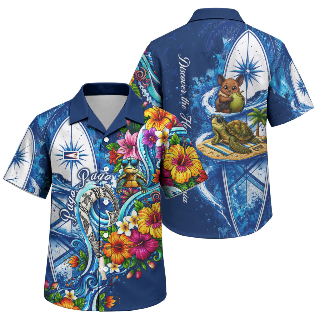 American Samoa Pago Pago Family Matching Tank Maxi Dress and Hawaiian Shirt Sea Turtle And Fruit Bat - Tropical Hibiscus Flowers Polynesian TS04 Son's Shirt Blue White - Polynesian Pride