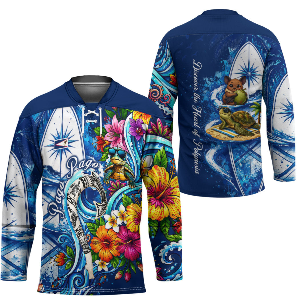 American Samoa Pago Pago Hockey Jersey Sea Turtle And Fruit Bat - Tropical Hibiscus Flowers Polynesian TS04 - Polynesian Pride