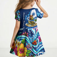 American Samoa Pago Pago Kid Short Sleeve Dress Sea Turtle And Fruit Bat - Tropical Hibiscus Flowers Polynesian