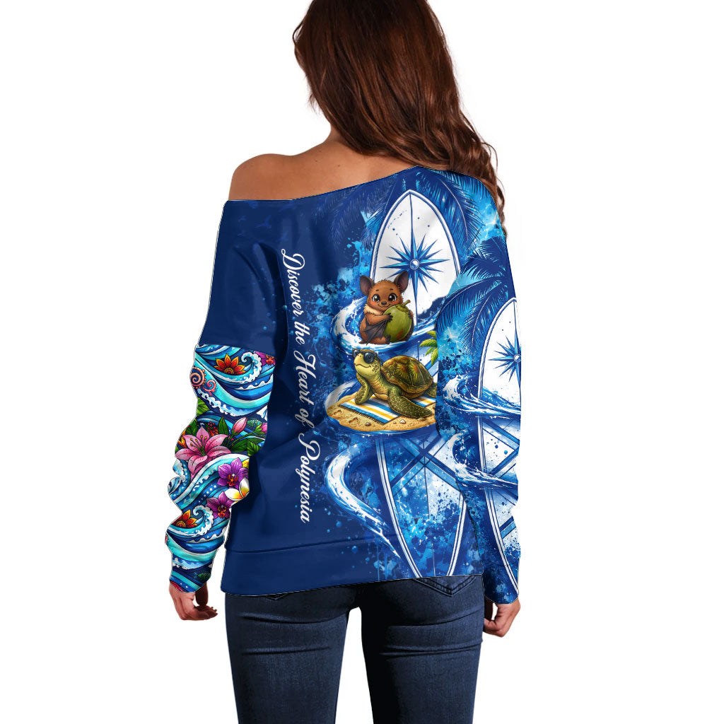 American Samoa Pago Pago Off Shoulder Sweater Sea Turtle And Fruit Bat - Tropical Hibiscus Flowers Polynesian