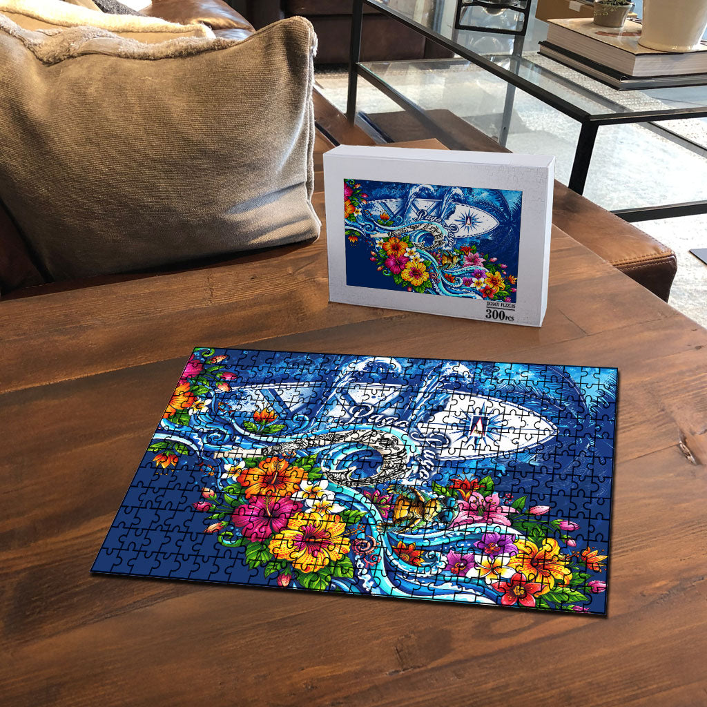 American Samoa Pago Pago Puzzle Sea Turtle And Fruit Bat - Tropical Hibiscus Flowers Polynesian