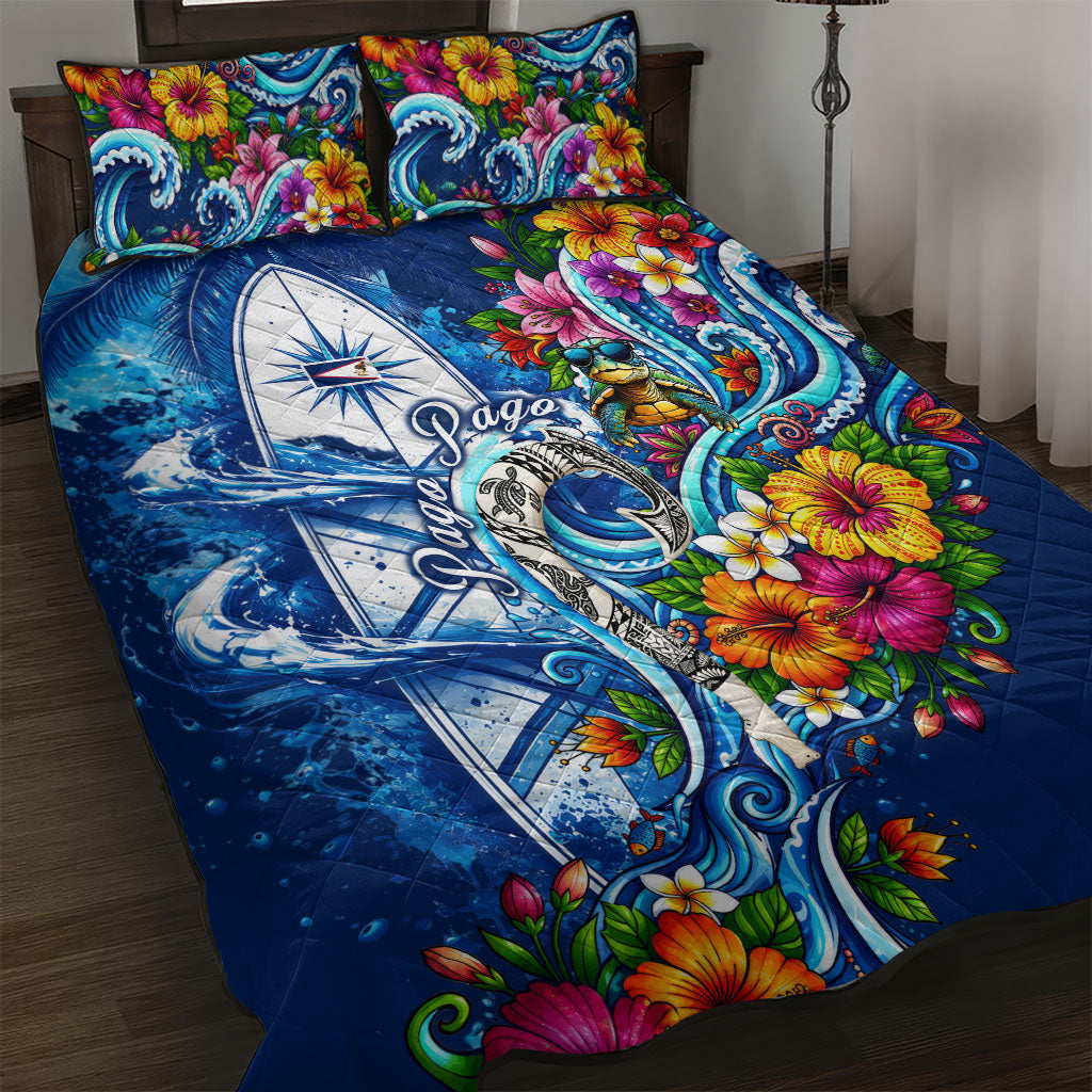 American Samoa Pago Pago Quilt Bed Set Sea Turtle And Fruit Bat - Tropical Hibiscus Flowers Polynesian