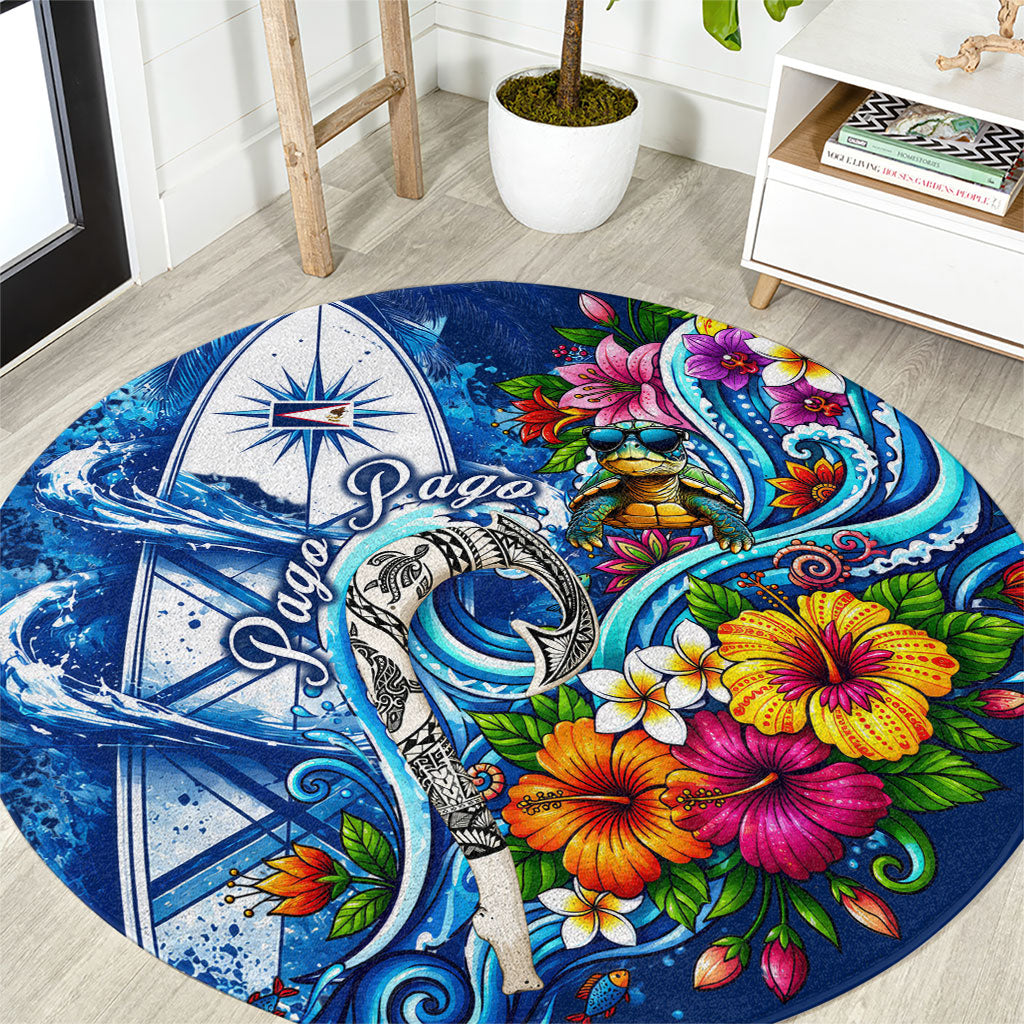 American Samoa Pago Pago Round Carpet Sea Turtle And Fruit Bat - Tropical Hibiscus Flowers Polynesian TS04 Blue White - Polynesian Pride