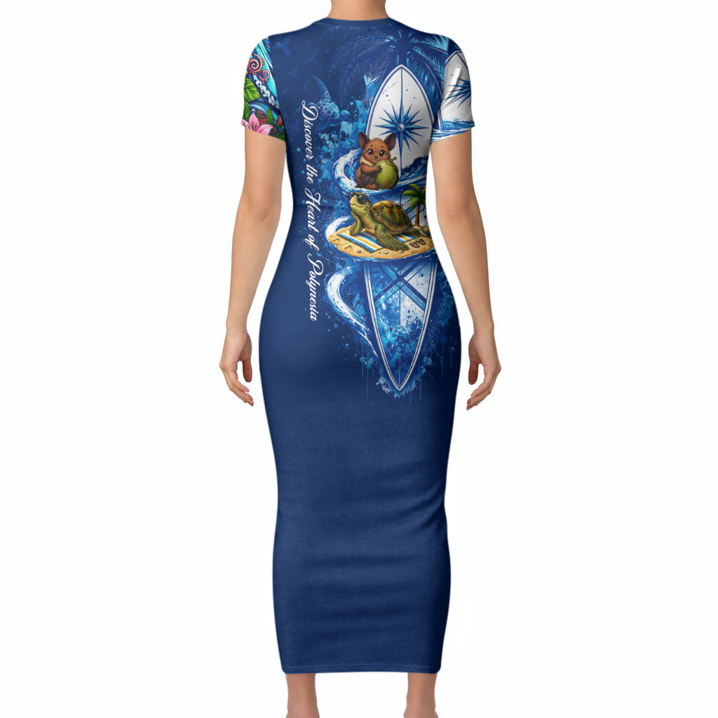 American Samoa Pago Pago Short Sleeve Bodycon Dress Sea Turtle And Fruit Bat - Tropical Hibiscus Flowers Polynesian