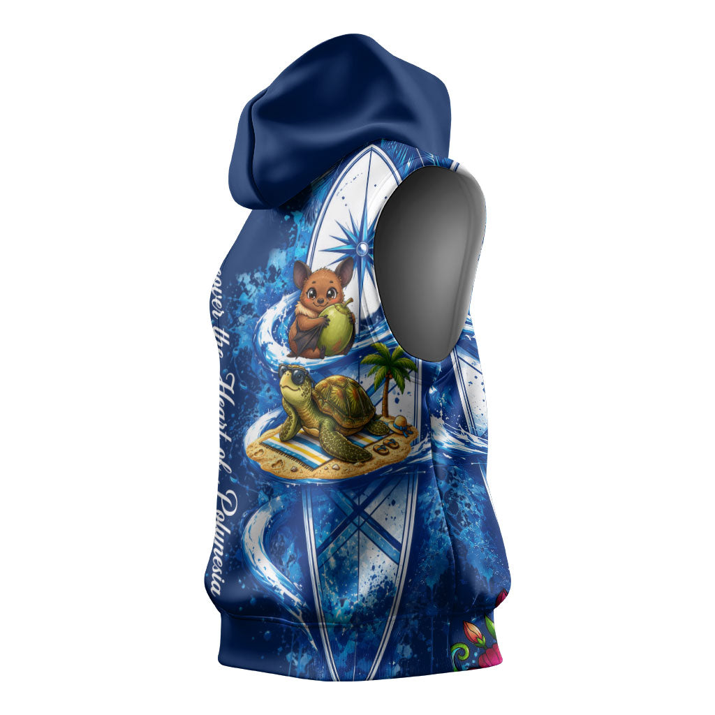 American Samoa Pago Pago Sleeveless Hoodie Sea Turtle And Fruit Bat - Tropical Hibiscus Flowers Polynesian