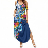American Samoa Pago Pago Summer Maxi Dress Sea Turtle And Fruit Bat - Tropical Hibiscus Flowers Polynesian TS04 Women Blue White - Polynesian Pride
