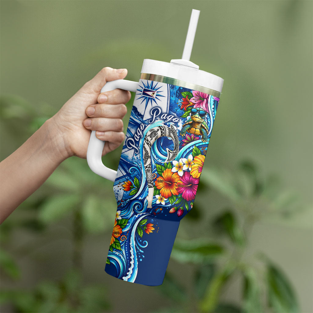 American Samoa Pago Pago Tumbler With Handle Sea Turtle And Fruit Bat - Tropical Hibiscus Flowers Polynesian