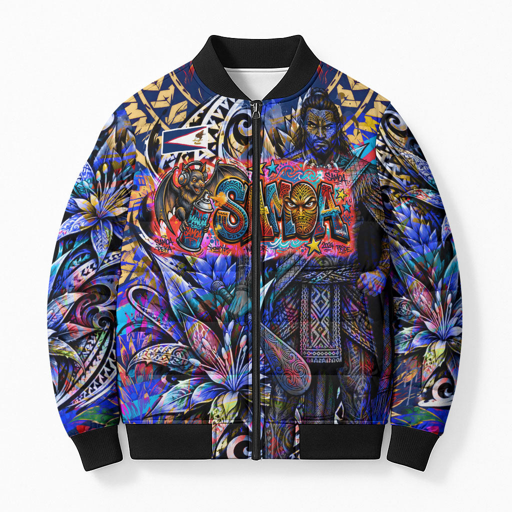 American Samoa Warrior Bomber Puffer Jacket Polynesian Fruit Bat Talofa Urban Graffiti Street Art