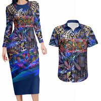 American Samoa Warrior Couples Matching Long Sleeve Bodycon Dress and Hawaiian Shirt Polynesian Fruit Bat Talofa Urban Graffiti Street Art TS04 Blue Yellow - Polynesian Pride