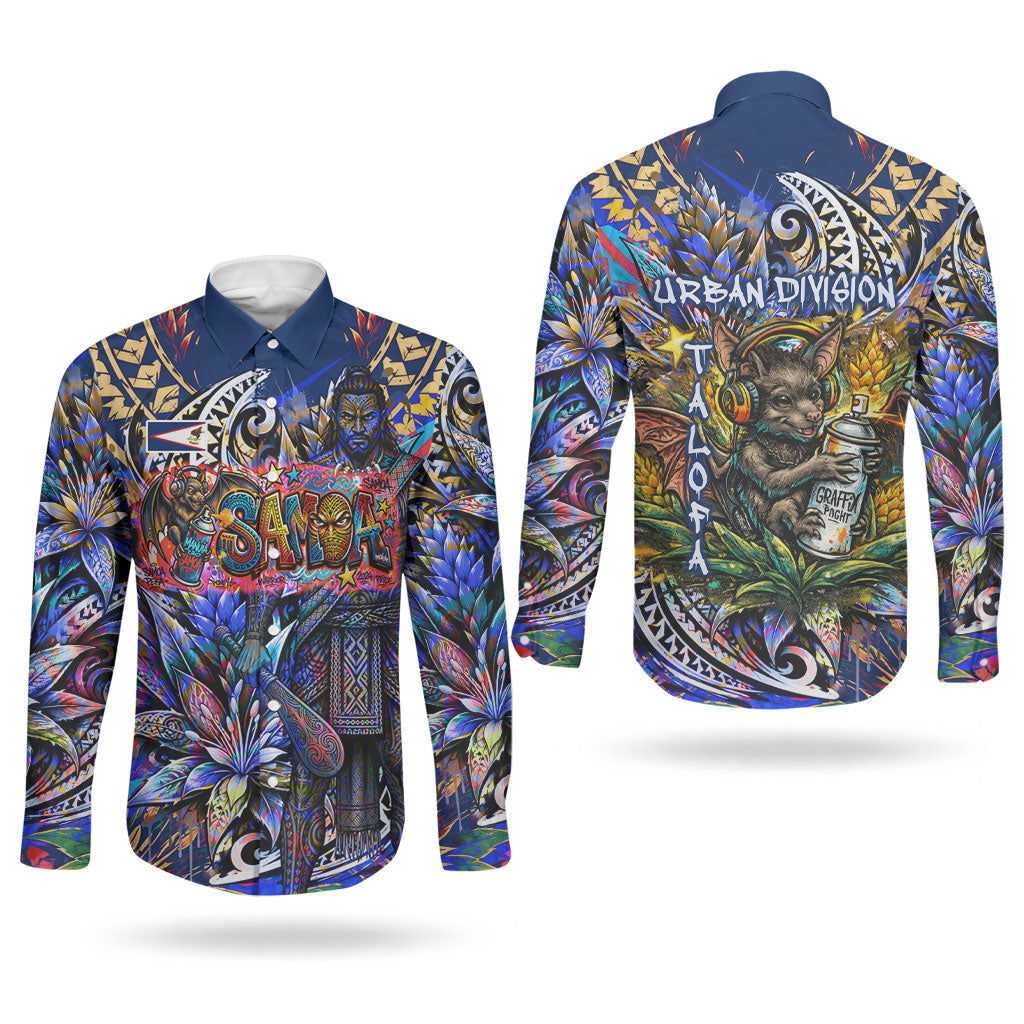 American Samoa Warrior Couples Matching Off Shoulder Short Dress and Long Sleeve Button Shirt Polynesian Fruit Bat Talofa Urban Graffiti Street Art