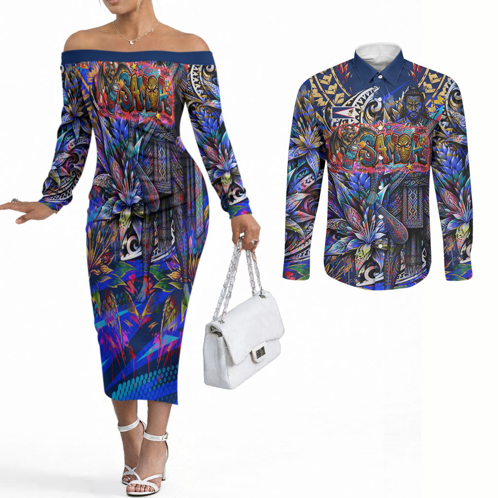 American Samoa Warrior Couples Matching Off The Shoulder Long Sleeve Dress and Long Sleeve Button Shirt Polynesian Fruit Bat Talofa Urban Graffiti Street Art
