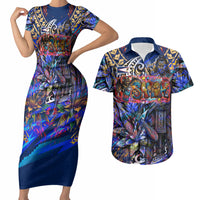 American Samoa Warrior Couples Matching Short Sleeve Bodycon Dress and Hawaiian Shirt Polynesian Fruit Bat Talofa Urban Graffiti Street Art