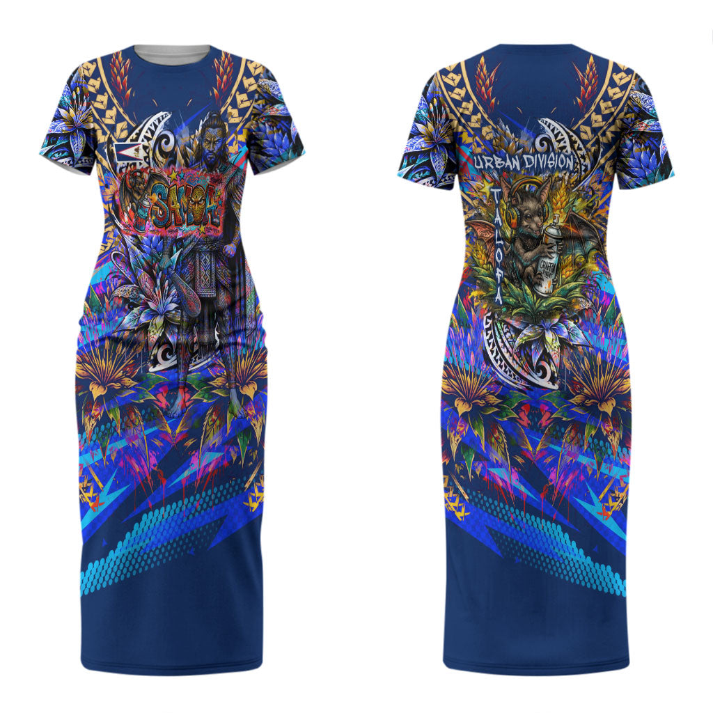 American Samoa Warrior Couples Matching Short Sleeve Bodycon Dress and Long Sleeve Button Shirt Polynesian Fruit Bat Talofa Urban Graffiti Street Art