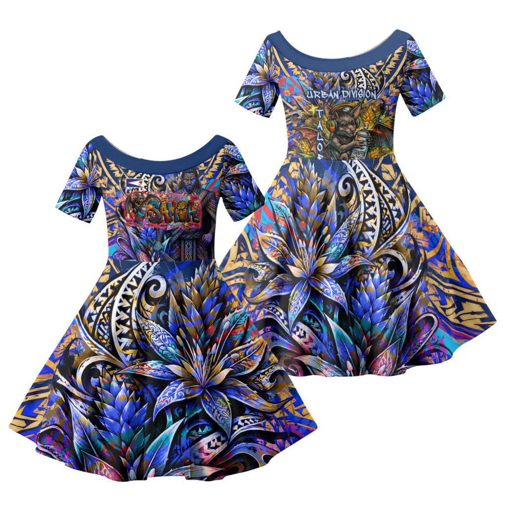 American Samoa Warrior Family Matching Long Sleeve Bodycon Dress and Hawaiian Shirt Polynesian Fruit Bat Talofa Urban Graffiti Street Art TS04 Daughter's Dress Blue Yellow - Polynesian Pride