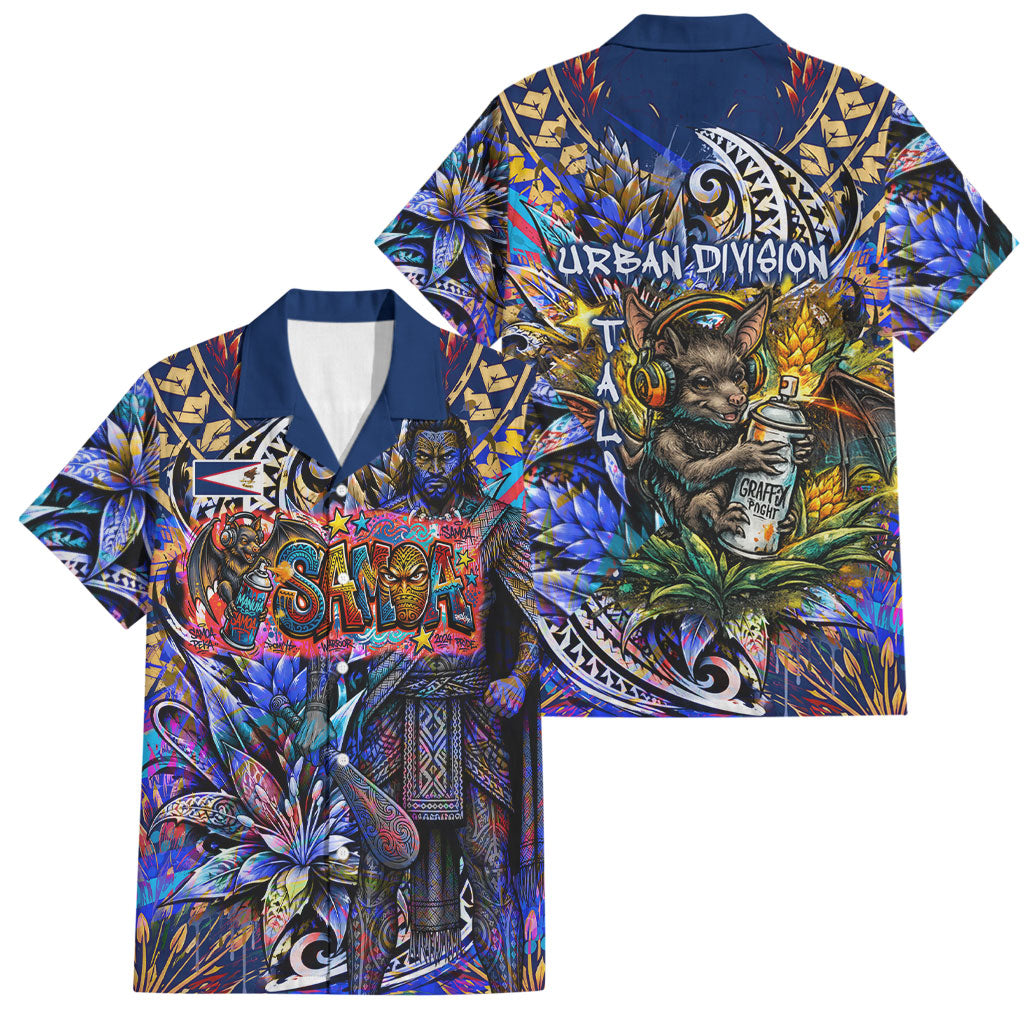 American Samoa Warrior Family Matching Off The Shoulder Long Sleeve Dress and Hawaiian Shirt Polynesian Fruit Bat Talofa Urban Graffiti Street Art TS04 Dad's Shirt - Short Sleeve Blue Yellow - Polynesian Pride