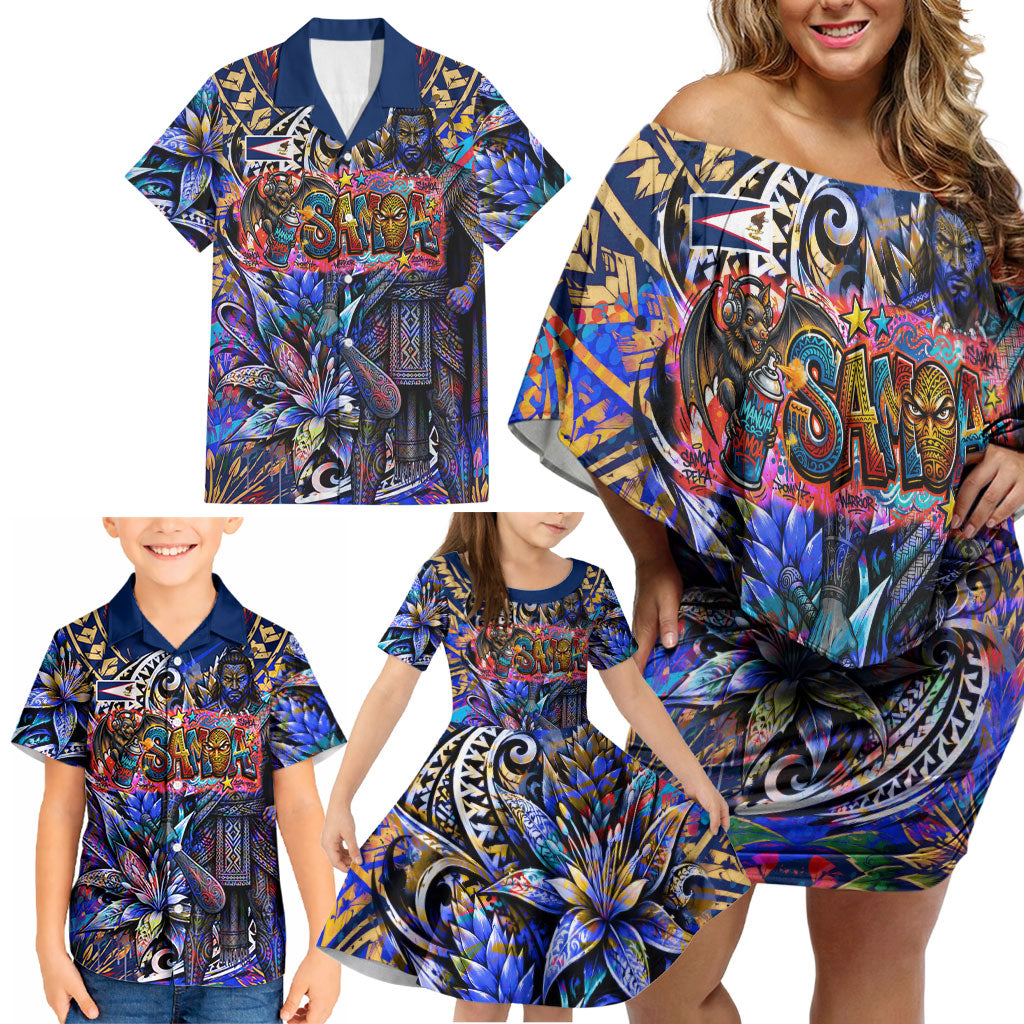 American Samoa Warrior Family Matching Off Shoulder Short Dress and Hawaiian Shirt Polynesian Fruit Bat Talofa Urban Graffiti Street Art TS04 - Polynesian Pride