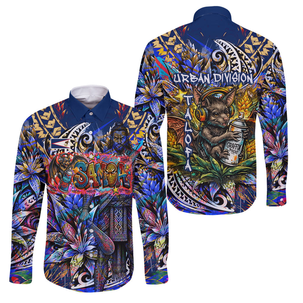 American Samoa Warrior Family Matching Off Shoulder Short Dress and Hawaiian Shirt Polynesian Fruit Bat Talofa Urban Graffiti Street Art TS04 Dad's Shirt - Long Sleeve Blue Yellow - Polynesian Pride