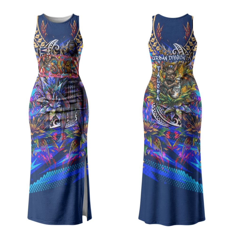 American Samoa Warrior Family Matching Tank Maxi Dress and Hawaiian Shirt Polynesian Fruit Bat Talofa Urban Graffiti Street Art TS04 Mom's Dress Blue Yellow - Polynesian Pride