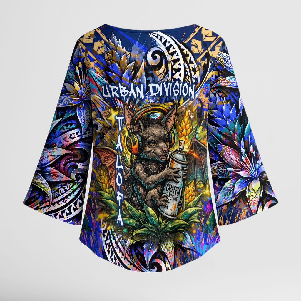American Samoa Warrior Kimono Sleeve Blouse Polynesian Fruit Bat Talofa Urban Graffiti Street Art